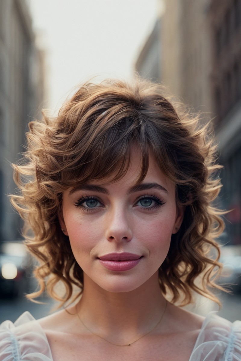 photo of beautiful (klebr0ck-140:0.99), a woman in a (floating city:1.1), perfect hair, 80s curly hairstyle, wearing (orga...